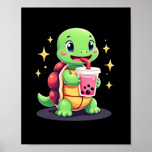 Cute turtle drinking boba. Funny Boba Turtles Love Poster (Voorkant)