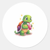 Cute turtle drinking boba. Funny Boba Turtles Love Ronde Sticker (Voorkant)