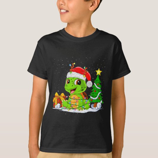 Cute Turtle Santa Christmas Tree Lights Xmas Pajam T-shirt (Voorkant)
