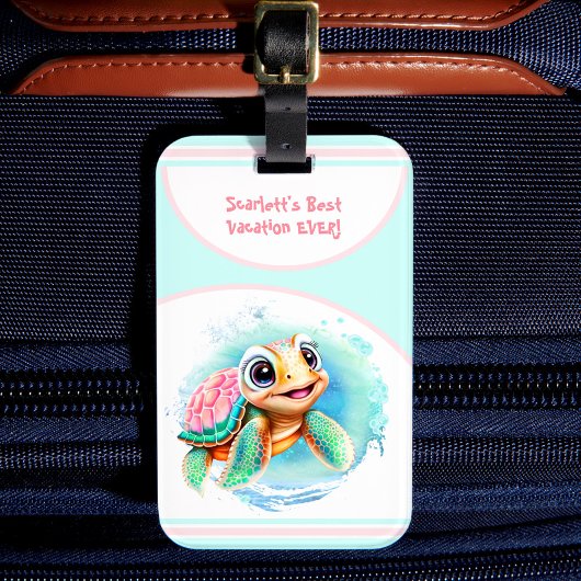Cute Turtle Summer Vacation Personalized Girl Bagagelabel