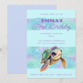 Cute Turtle Zomer Strand Aqua 1e Verjaardag Kaart