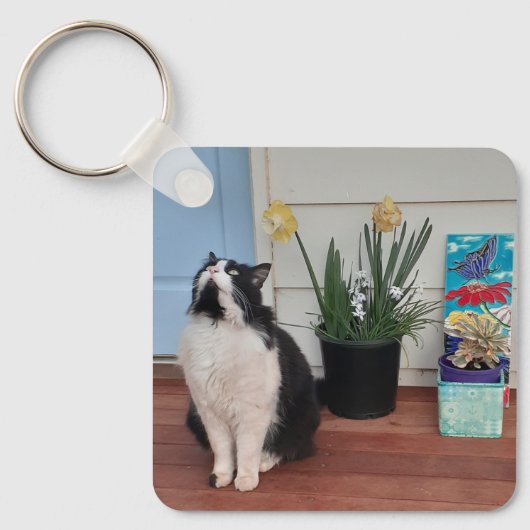 Cute Tuxedo Cat Black White Cats Floral Daffodil Sleutelhanger (Voorkant)