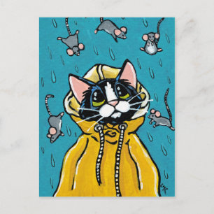Cute Tuxedo Cat en Raining Mice Illustration Briefkaart