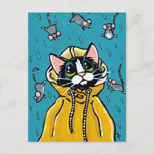 Cute Tuxedo Cat en Raining Mice Illustration Briefkaart (Voorkant)