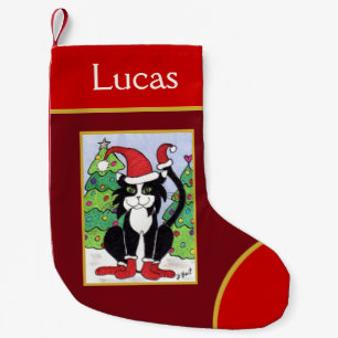 Cute Tuxedo Cat in sneeuw met Pet en Booties Kleine Kerstsok