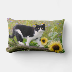 Cute tuxedo cat op een boomtak met zonnebloemen kussen