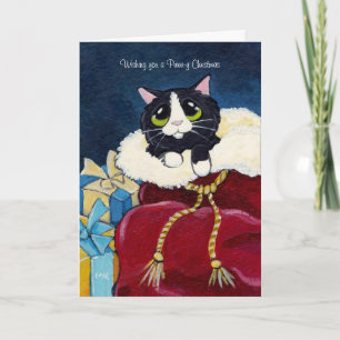 Cute Tuxedo Chat en Père Noël Sack Carte de Noël