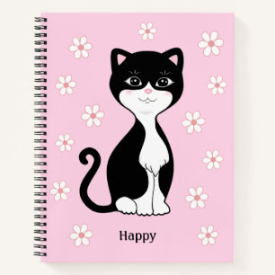 Cute Tuxedo Kat & Bloemen op Lichtroze Notitieboek