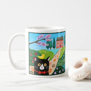 Cute Tuxedo Kat en Gele Vogel in Landelijke Kunst Koffiemok