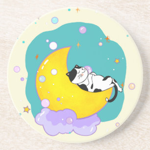 Cute Tuxedo Kitty Cat Slaapstand op maan Zandsteen Onderzetter