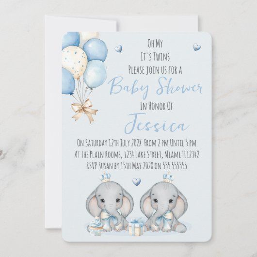 Cute Twin Boys Elephant  Baby Shower Invitation (Devant)