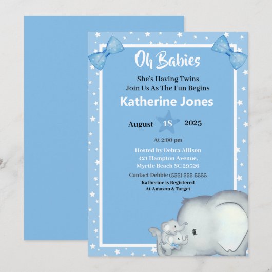 Cute Twin Boys Elephant Baby Shower Invitations (Devant / Derrière)