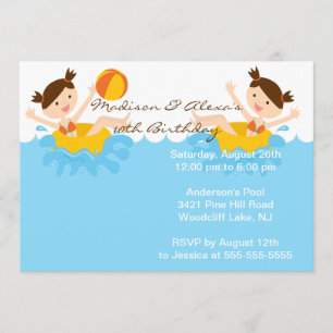 CUTE Twin Girls Pool Party of Birthday Invitation Kaart