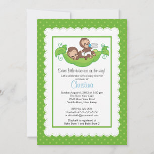Cute Twin Monkeys Pea Pod Baby Show Invitations