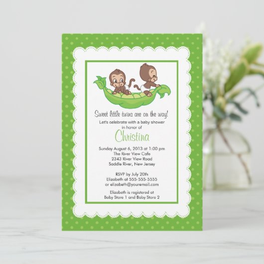 Cute Twin Monkeys Pea Pod Baby Show Invitations (Debout devant)