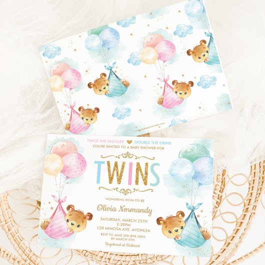 Cute Twins Baby Girl Boy Teddy Bears Baby shower Kaart