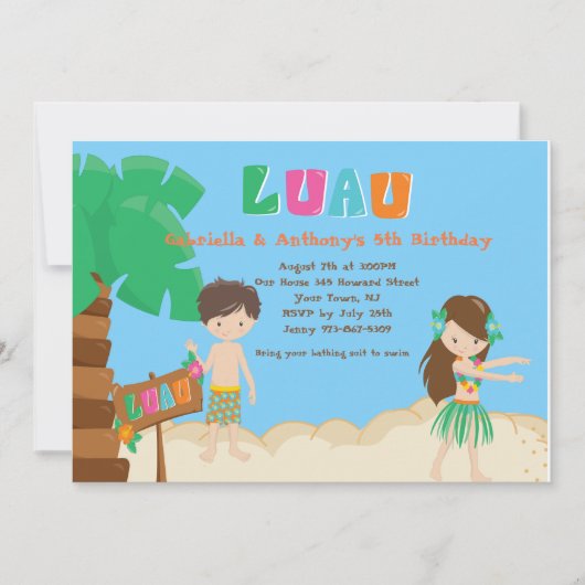 Cute Twins Boy & Girl Luau Invitation Anniversaire (Devant)