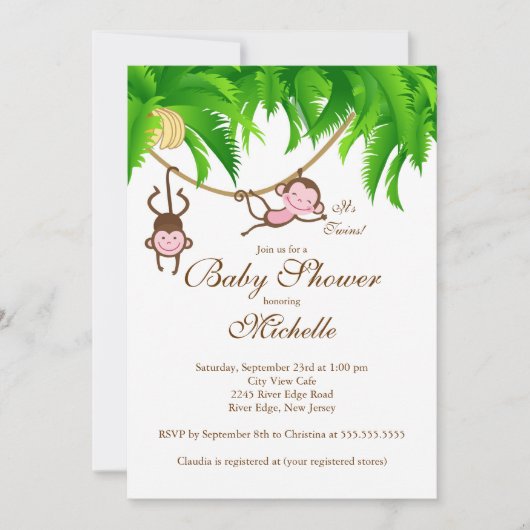Cute Twins Little Monkey Baby shower Invitation Kaart (Voorkant)