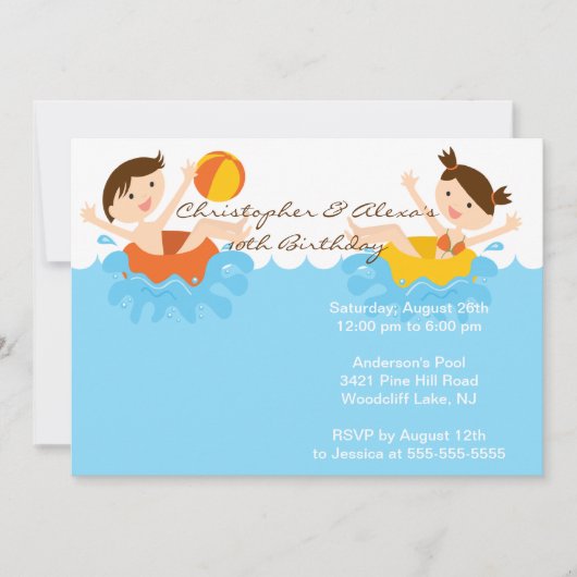 CUTE Twins Pool Party Birthday Invitation Kaart (Voorkant)