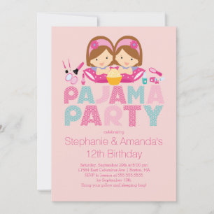 Cute TWINS Tween Pajama Birthday Party Invitation Kaart