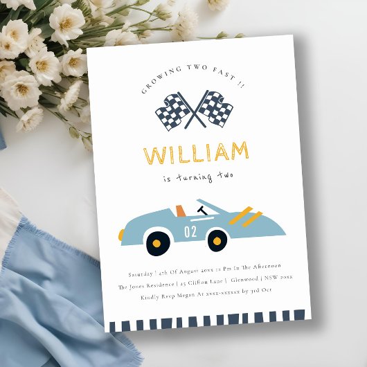 Cute Two Fast Race Car Blue 2e Invitation d'annive