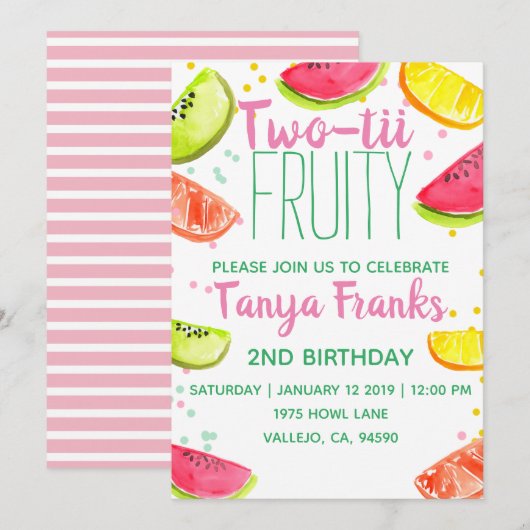 Cute twotii fruitig 2 jaar oude verjaardagsuitnodi kaart (Voorkant / Achterkant)