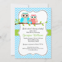 Cute Uil Baby Shower Uitnodiging / Blauw Groen