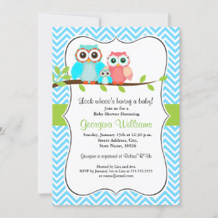 Cute Uil Baby Shower Uitnodiging / Blauw Groen