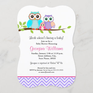 Cute Uil Meisje Baby Shower Uitnodiging Paars Roze