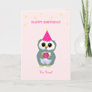 Cute uil met bloem & verjaardagswensen op roze kaart