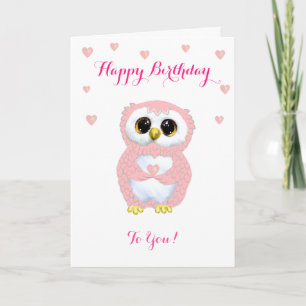Cute Uil, Roze Harten & Verjaardagswensen op Wit Kaart
