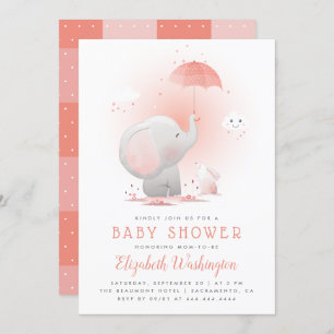 Cute Umbrella Elephant & Bunny Girl Baby shower Kaart