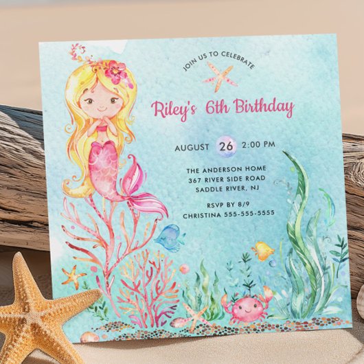 Cute Under the Sea Mermaid Invitation d'anniversai