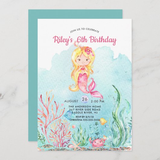 Cute Under the Sea Mermaid Invitation d'anniversai (Devant / Derrière)