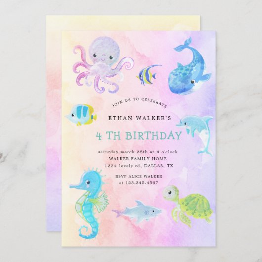 Cute Under the Sea Watercolor Invitation d'anniver (Devant / Derrière)