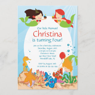 Cute under the Zee Mermaid Birthday Invitation Kaart