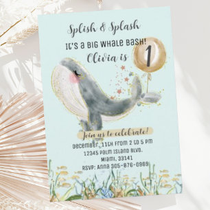 Cute under the Zee Whale 1st Birthday Invitation Kaart