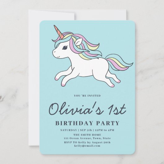 Cute Unicorn 1er Anniversaire Fête Invitation (Devant)