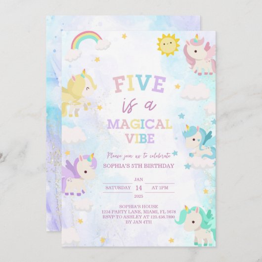 Cute Unicorn 5e anniversaire Invitation (Devant / Derrière)