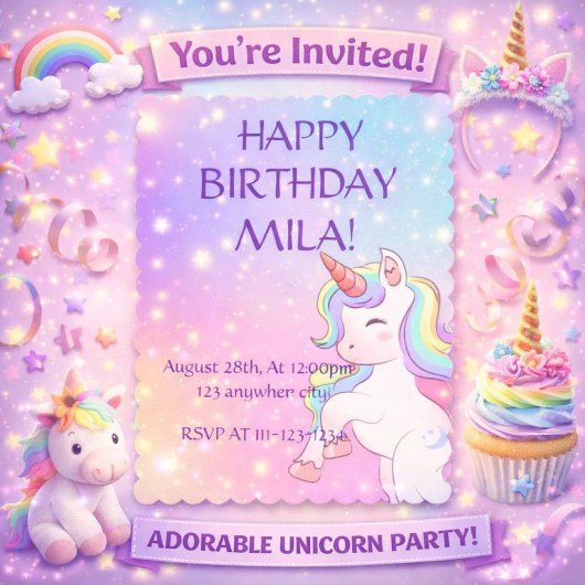 CUTE UNICORN ANNIVERSAIRE INVITATION