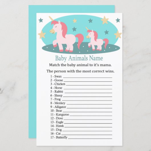 Cute Unicorn Baby Animals Name Game (Voorkant / Achterkant)