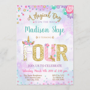 Cute Unicorn Birthday Fourth Party Invitation Kaart