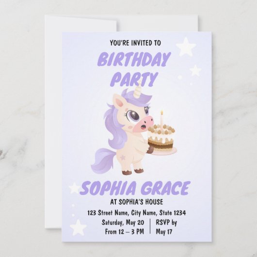 Cute Unicorn Birthday Invitation (Devant)