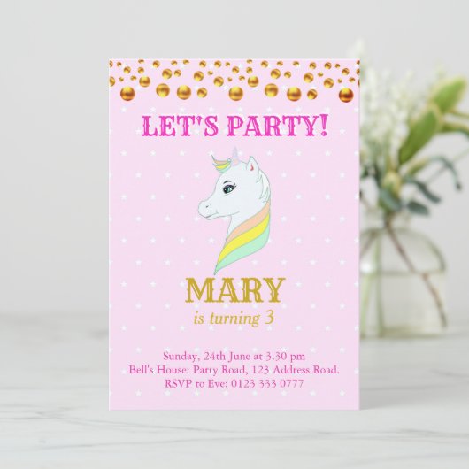 Cute Unicorn Birthday Invitation Kaart (Staand voorkant)