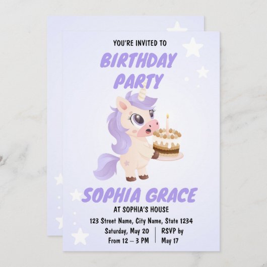 Cute Unicorn Birthday Invitation Kaart (Voorkant / Achterkant)