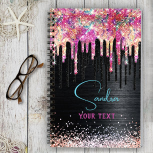Cute unicorn Black glitter verjaardagsmonogram Notitieboek