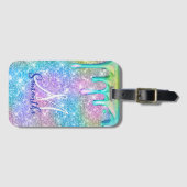 Cute unicorn blue roze glitter druppelt monogram a bagagelabel (Voorkant (horizontaal))