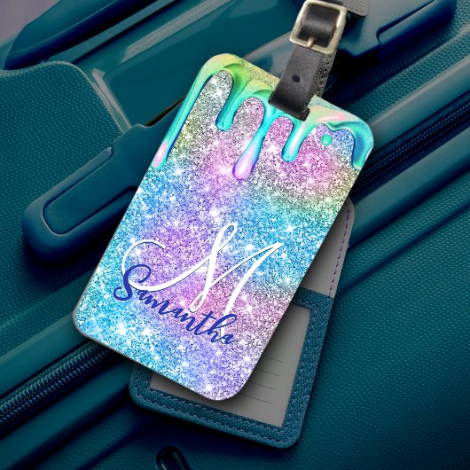 Cute unicorn blue roze glitter druppelt monogram a bagagelabel