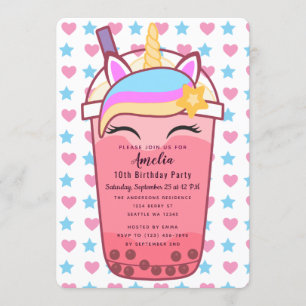 Cute Unicorn Boba Tea Birthday Invitation Kaart