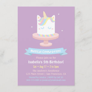Cute Unicorn Cake Girls Birthday Party Invitations Kaart